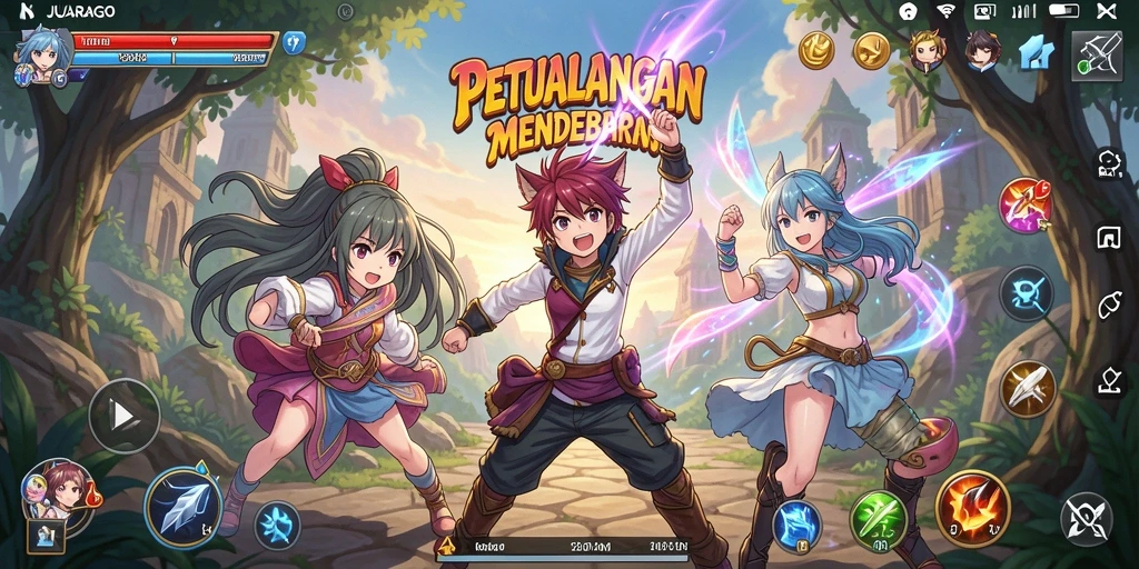 Tampilan gameplay JUARAGO yang penuh aksi dan karakter anime.
