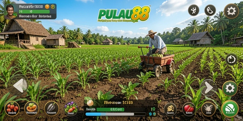 Screenshot PULAU88 menunjukkan pengguna menyiram tanaman di kebun yang indah.