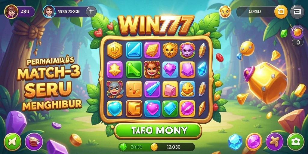 Tampilan gameplay WIN777 dengan objek berwarna-warni dan tantangan Match-3.